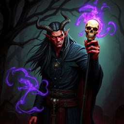 A male tiefling with long, flowing hair, dressed as a powerful necromancer