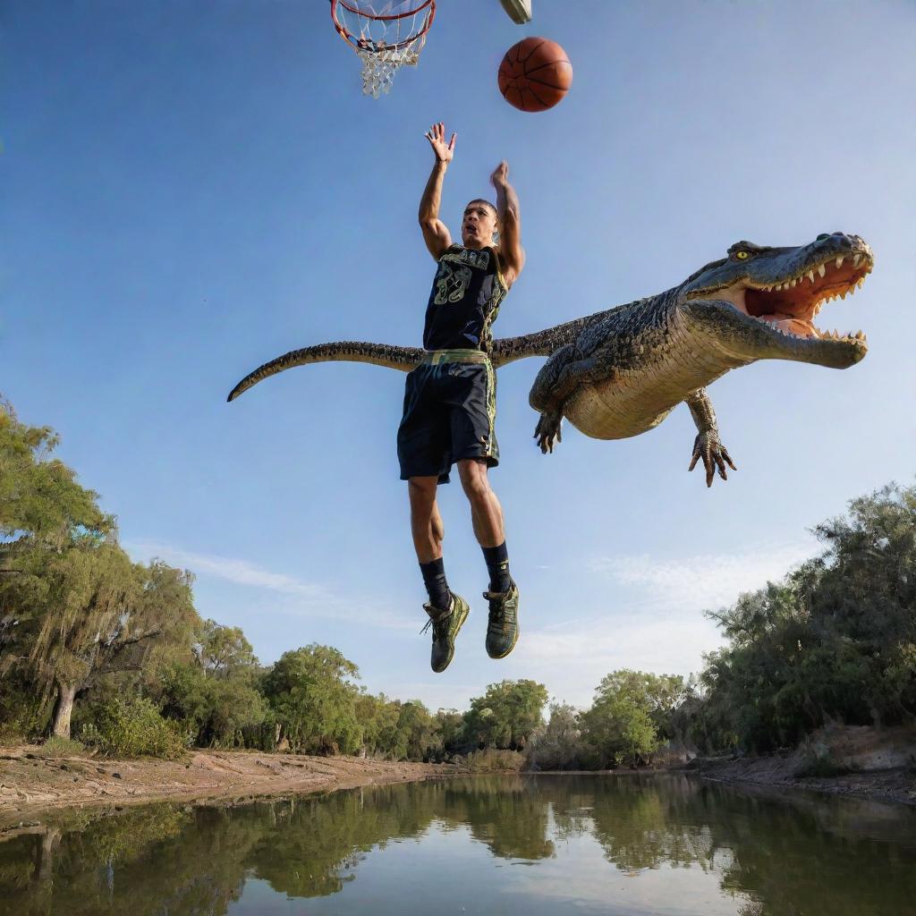 Craft a dynamic and vivid image of Niko Marr performing a basketball dunk over an array of alligators.