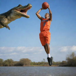 Craft a dynamic and vivid image of Niko Marr performing a basketball dunk over an array of alligators.