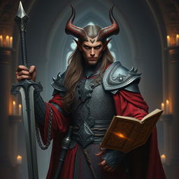 A noble male tiefling with long, elegant hair, classified as a powerful necromancer knight