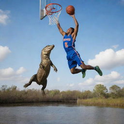 Craft a dynamic and vivid image of Niko Marr performing a basketball dunk over an array of alligators.