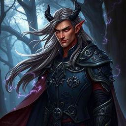 A male tiefling with long flowing hair, dressed as a noble necromancer knight