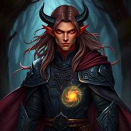 A male tiefling with long flowing hair, dressed as a noble necromancer knight