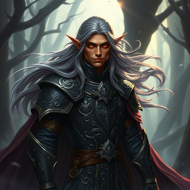 A male tiefling with long flowing hair, dressed as a noble necromancer knight