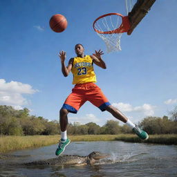 Craft a dynamic and vivid image of Niko Marr performing a basketball dunk over an array of alligators.