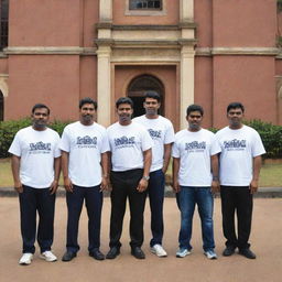 Six unique gangsters in the University of Colombo (UoC) t-shirts, strategically positioned in front of a recognizable Sri Lankan university edifice, creating a blend of underworld charm and academic spirit.