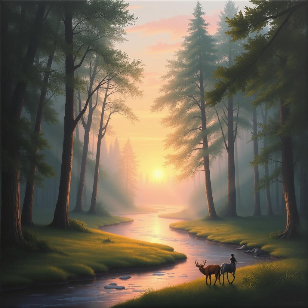 A serene forest landscape at sunrise, featuring tall trees with lush green foliage and mist gently rising in the air