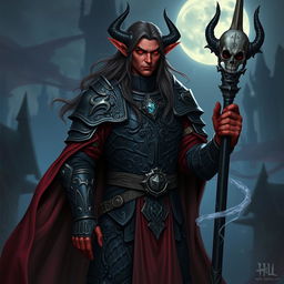 A male tiefling necromancer with long hair, dressed as a noble knight