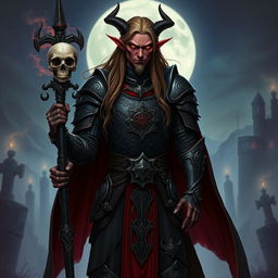 A male tiefling necromancer with long hair, dressed as a noble knight