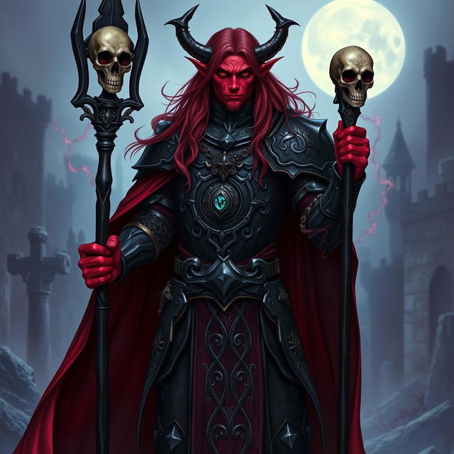 A male tiefling necromancer with long hair, dressed as a noble knight