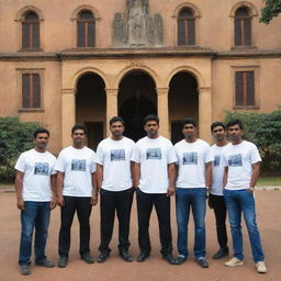 Six unique gangsters in the University of Colombo (UoC) t-shirts, strategically positioned in front of a recognizable Sri Lankan university edifice, creating a blend of underworld charm and academic spirit.