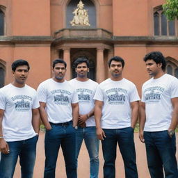 Six unique gangsters in the University of Colombo (UoC) t-shirts, strategically positioned in front of a recognizable Sri Lankan university edifice, creating a blend of underworld charm and academic spirit.