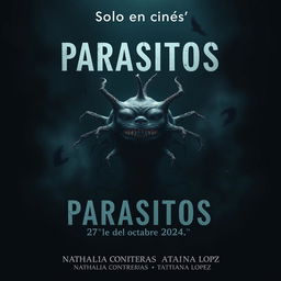 A chilling movie poster titled 'Parasitos' featuring an ominous microorganism at the center