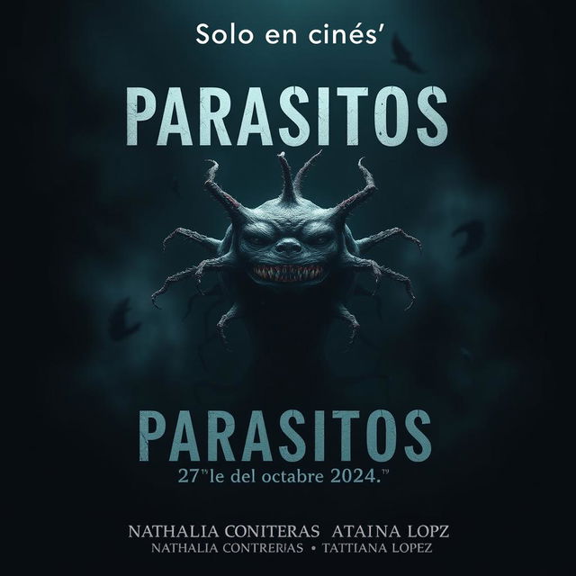 A chilling movie poster titled 'Parasitos' featuring an ominous microorganism at the center