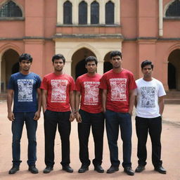 Six unique gangsters in the University of Colombo (UoC) t-shirts, strategically positioned in front of a recognizable Sri Lankan university edifice, creating a blend of underworld charm and academic spirit.