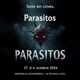 A chilling movie poster titled 'Parasitos' featuring an ominous microorganism at the center