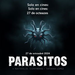 A chilling movie poster titled 'Parasitos' featuring an ominous microorganism at the center