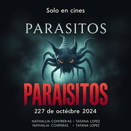 A chilling movie poster titled 'Parasitos' featuring an ominous microorganism at the center