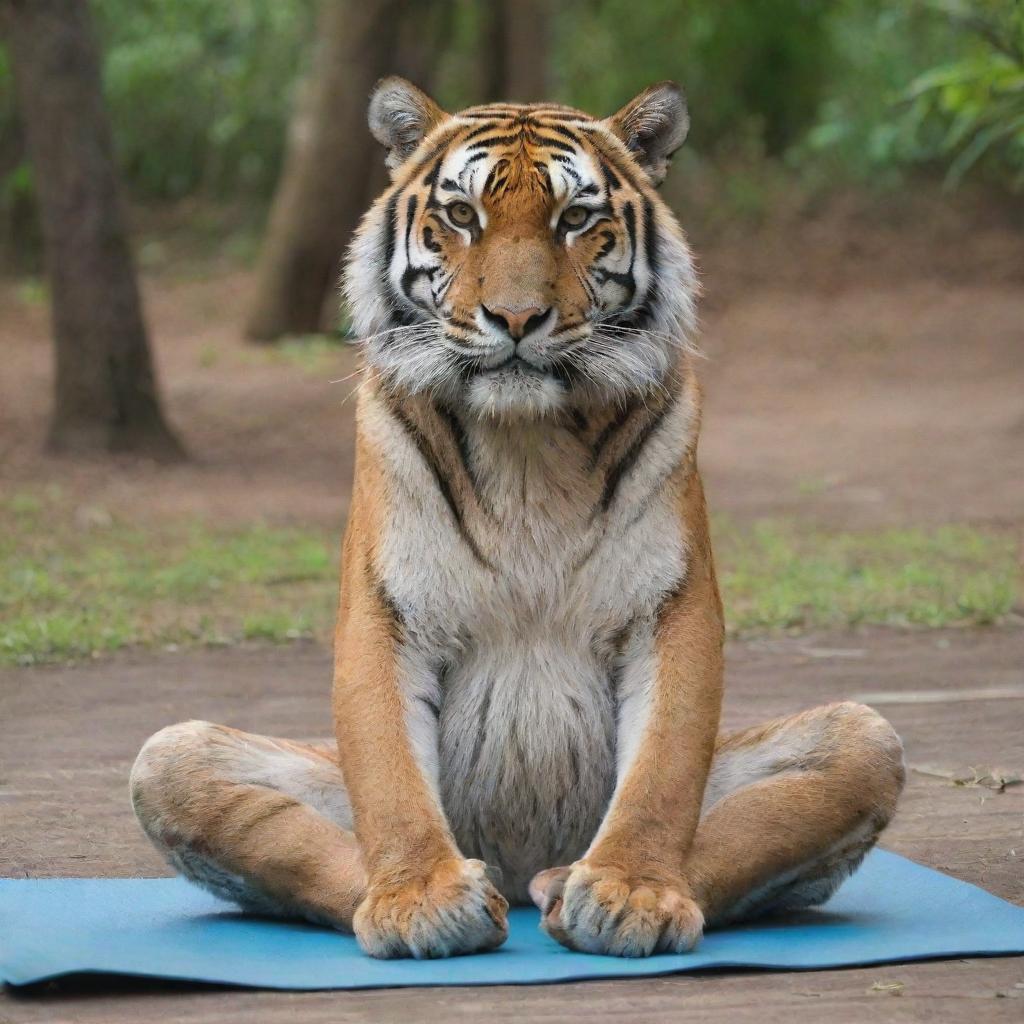 An elderly tiger practicing yoga in a serene environment.