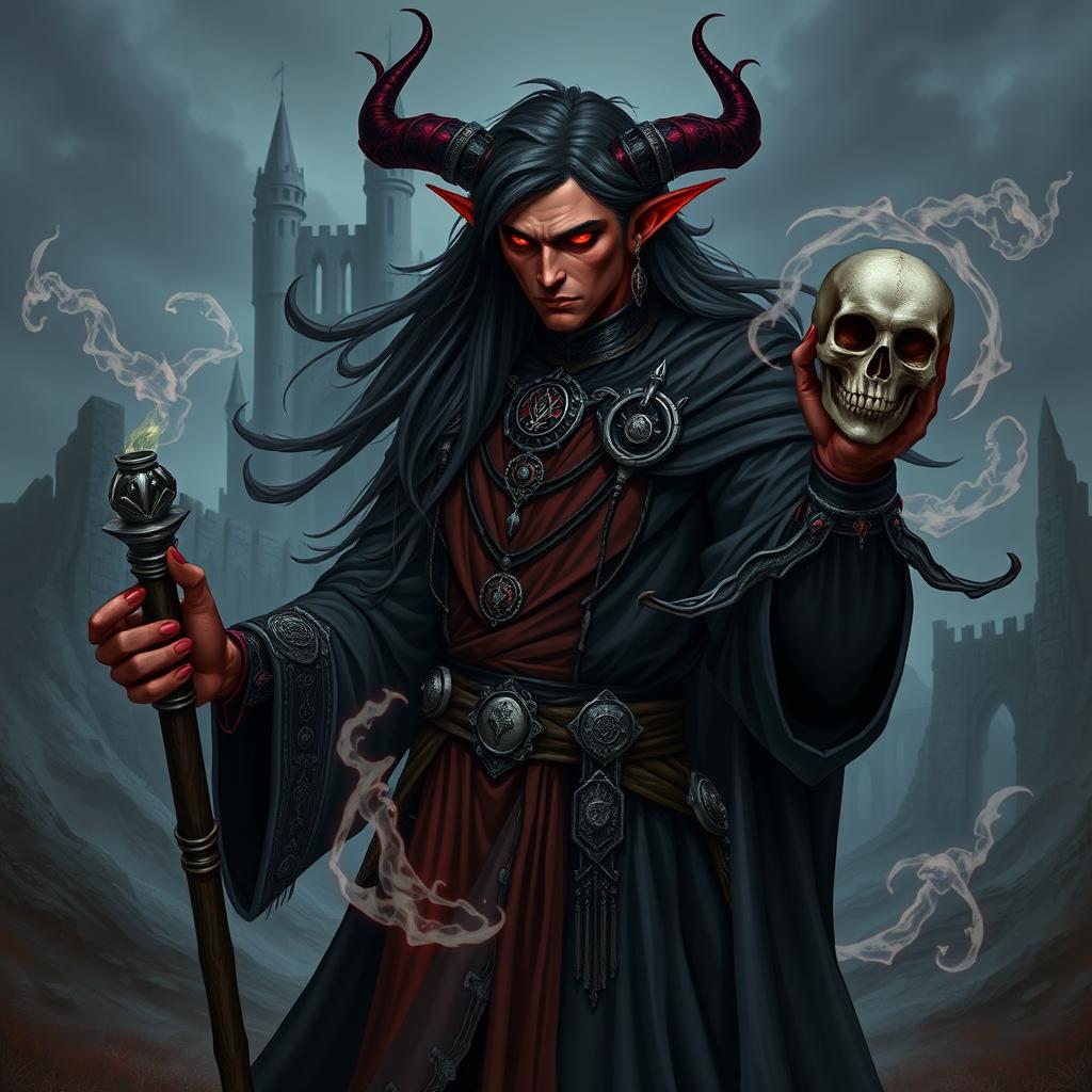 A male tiefling wizard, specializing in necromancy, with long, flowing hair