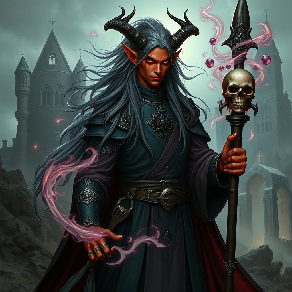 A male tiefling wizard, specializing in necromancy, with long, flowing hair