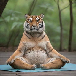 An elderly tiger practicing yoga in a serene environment.