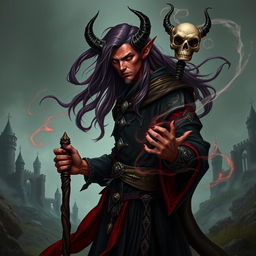 A male tiefling wizard, specializing in necromancy, with long, flowing hair