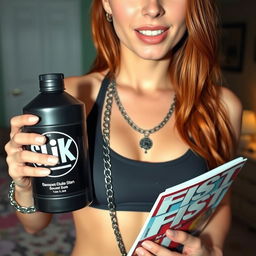 A close-up shot capturing a gorgeous female redhead in a tank top, adorned with punk chains