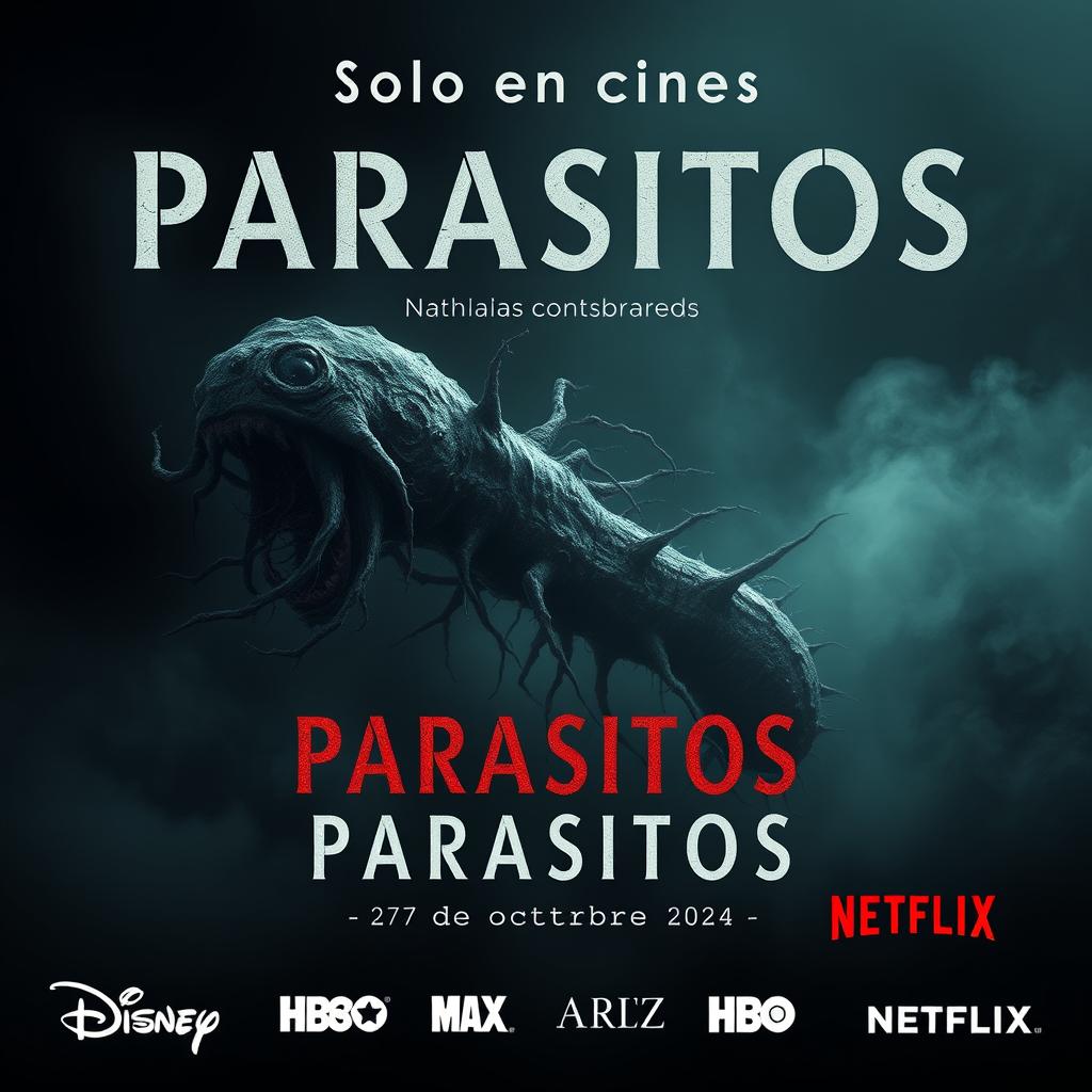 A spine-chilling movie poster titled 'Parasitos' featuring a horrifying microorganism, such as a bacteria or protozoan, depicted in a grotesque and detailed manner