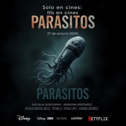 A spine-chilling movie poster titled 'Parasitos' featuring a horrifying microorganism, such as a bacteria or protozoan, depicted in a grotesque and detailed manner