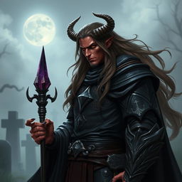 A male tiefling necromancer with long, flowing hair, portrayed as a noble knight