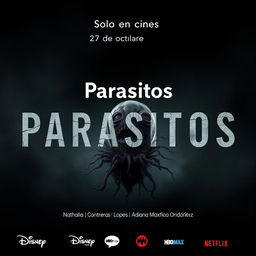 A spine-chilling movie poster titled 'Parasitos' featuring a horrifying microorganism, such as a bacteria or protozoan, depicted in a grotesque and detailed manner