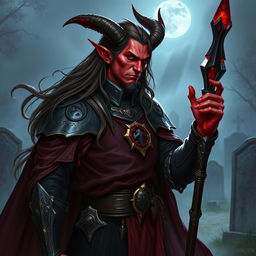 A male tiefling necromancer with long, flowing hair, portrayed as a noble knight