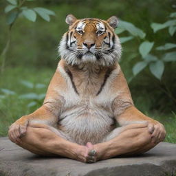 An elderly tiger practicing yoga in a serene environment.