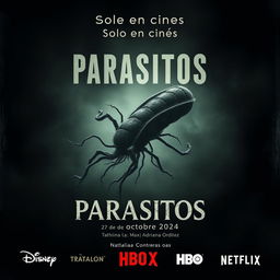 A spine-chilling movie poster titled 'Parasitos' featuring a horrifying microorganism, such as a bacteria or protozoan, depicted in a grotesque and detailed manner