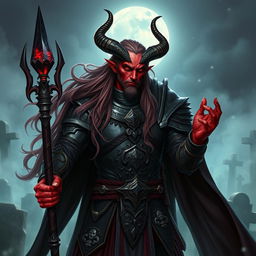 A male tiefling necromancer with long, flowing hair, portrayed as a noble knight