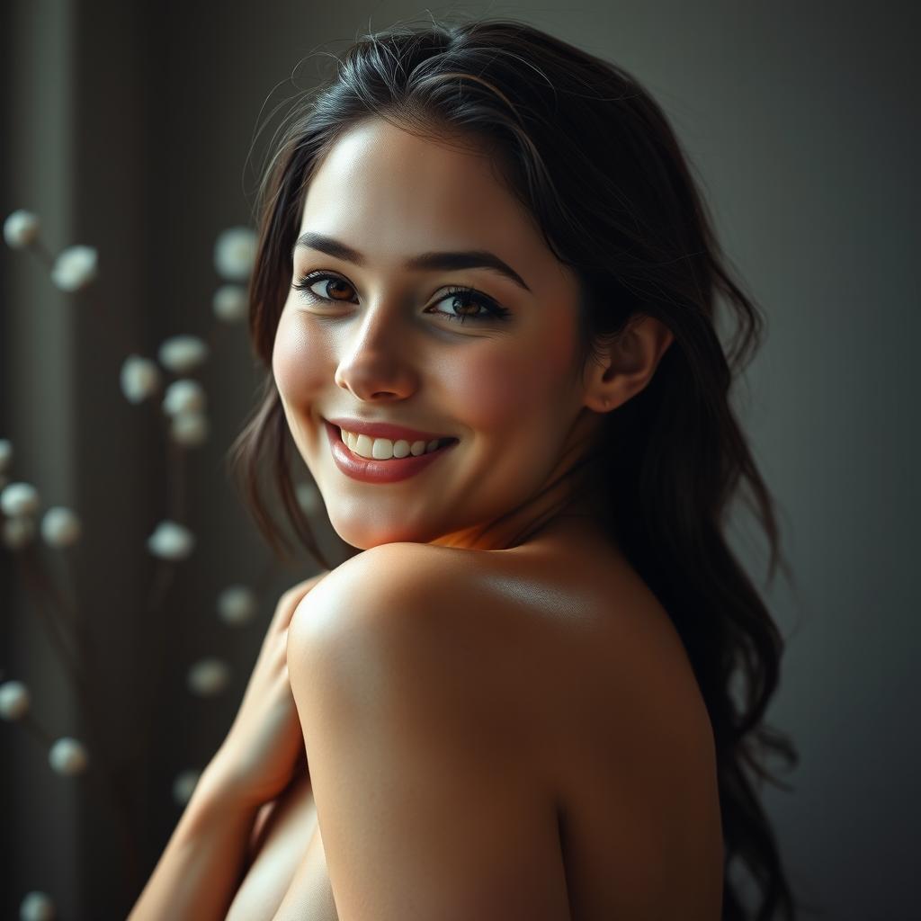 A stunning 19-year-old woman with an enchanting smile, showcasing her radiant wet skin, in a graceful and artistic nude pose