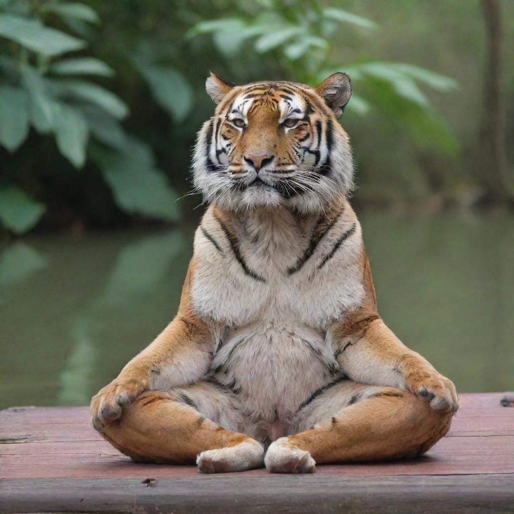 An elderly tiger practicing yoga in a serene environment.