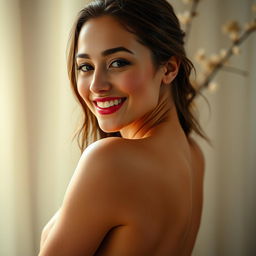 A stunning 19-year-old woman with an enchanting smile, showcasing her radiant wet skin, in a graceful and artistic nude pose