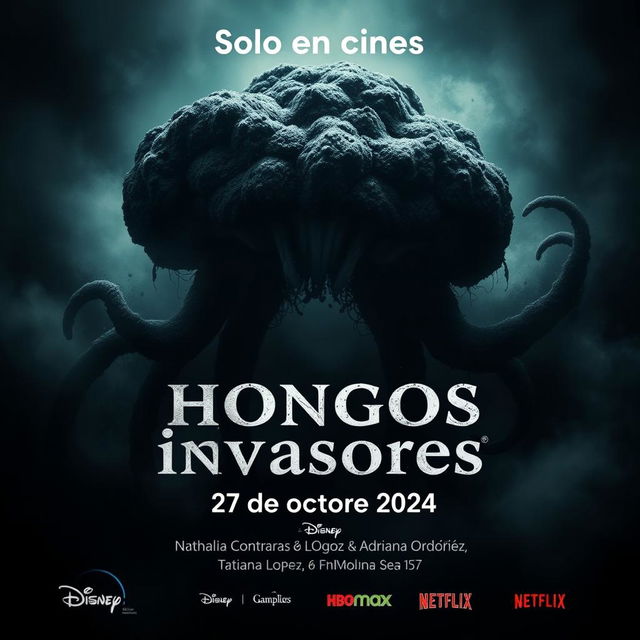 A chilling movie poster titled 'Hongos invasores' featuring a terrifying microorganism, such as a mutated fungus, at the center