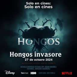 A chilling movie poster titled 'Hongos invasores' featuring a terrifying microorganism, such as a mutated fungus, at the center