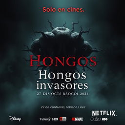 A chilling movie poster titled 'Hongos invasores' featuring a terrifying microorganism, such as a mutated fungus, at the center