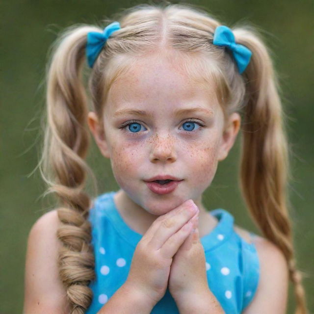 A sweet 5-year-old girl, adorned with freckles and bright blue eyes, is blowing a kiss. She has blonde hair arranged in two pigtails and one hand resting on her cheek.