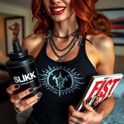 A close-up shot of a gorgeous female redhead showcasing her torso in a tank top featuring a band logo