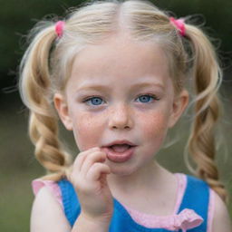 A sweet 5-year-old girl, adorned with freckles and bright blue eyes, is blowing a kiss. She has blonde hair arranged in two pigtails and one hand resting on her cheek.