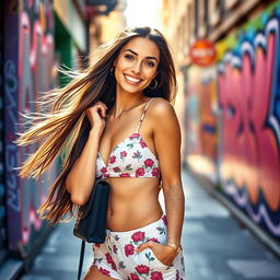 A fashionable and attractive young adult woman with long flowing hair, dressed in a stylish summer outfit, confidently posing on a city street