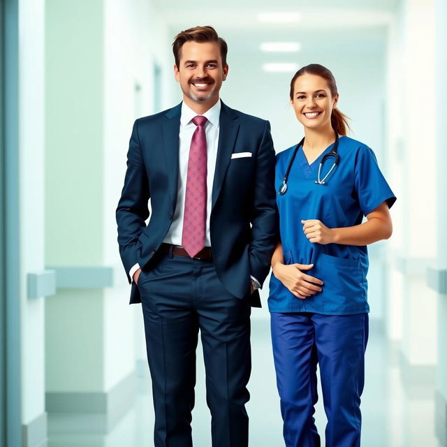 A businessman in a tailored suit standing confidently next to a nurse in scrubs