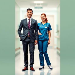 A businessman in a tailored suit standing confidently next to a nurse in scrubs