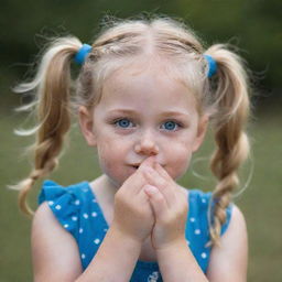 A sweet 5-year-old girl, adorned with freckles and bright blue eyes, is blowing a kiss. She has blonde hair arranged in two pigtails and one hand resting on her cheek.