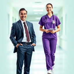 A businessman in a tailored suit standing confidently next to a nurse in scrubs